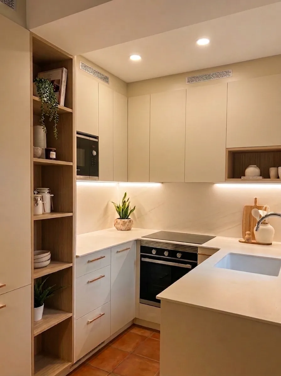 Cocina en L color crema con estantes de madera, luz bajo los muebles y suelo de barro