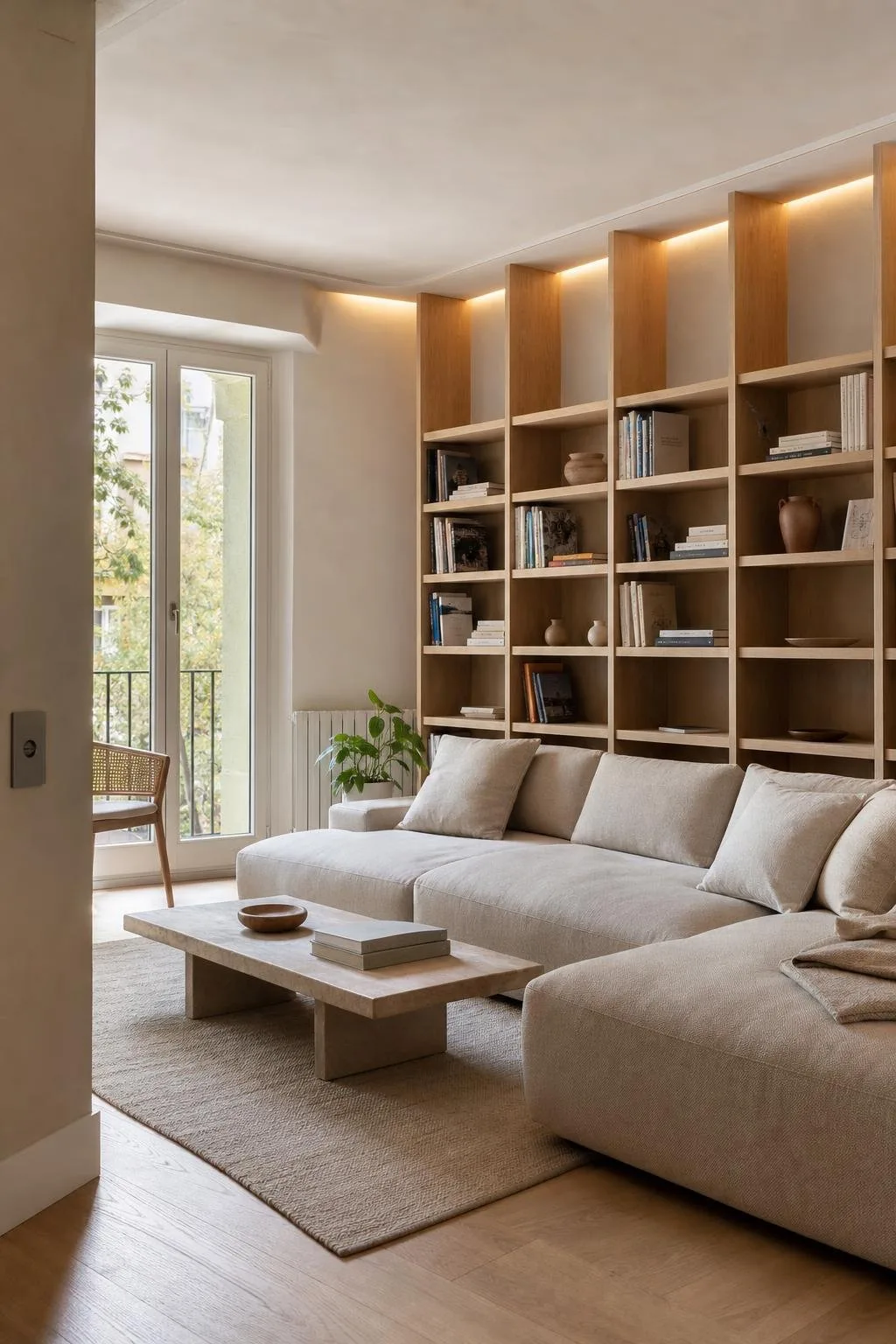 Salón luminoso con estantería de roble a medida y sofá de lino