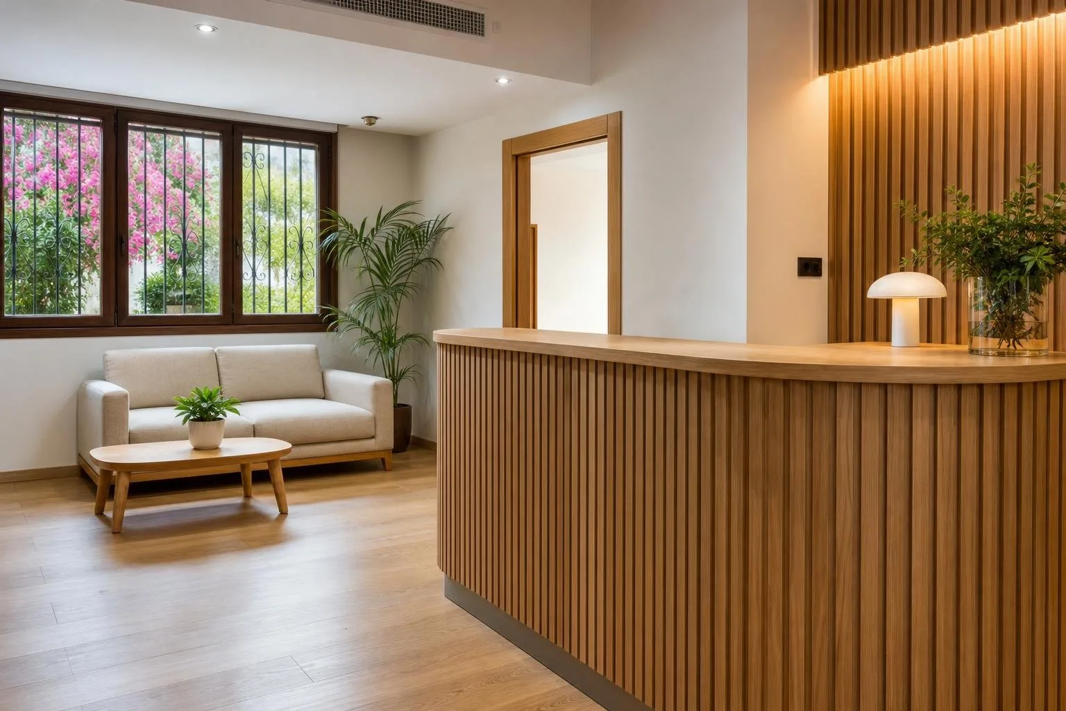 Recepción de oficina con mostrador de madera, sofá y plantas
