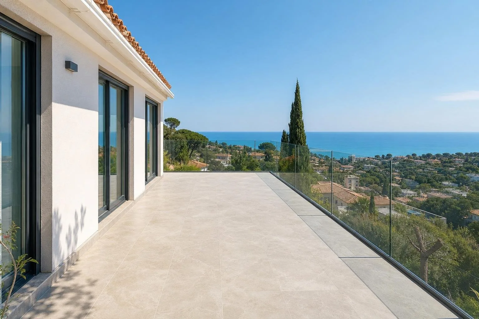 Terraza reformada de una casa del Maresme con suelo cerámico y barandilla de vidrio