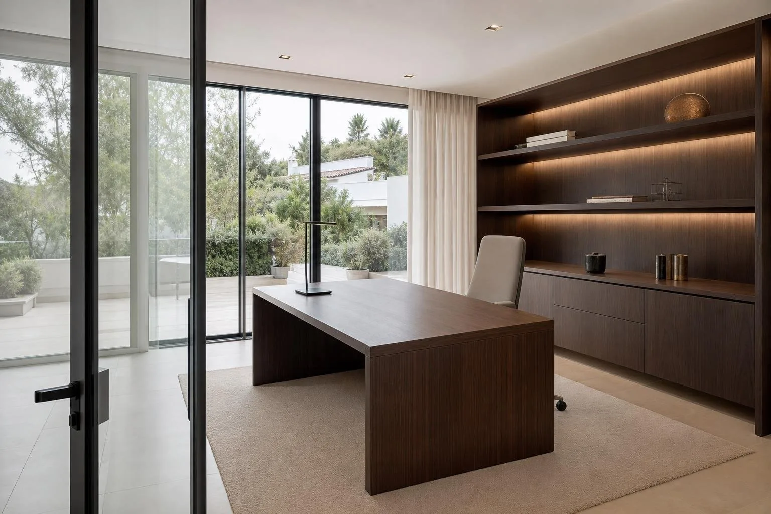 Despacho de dirección con pared de vidrio, mesa y estantería