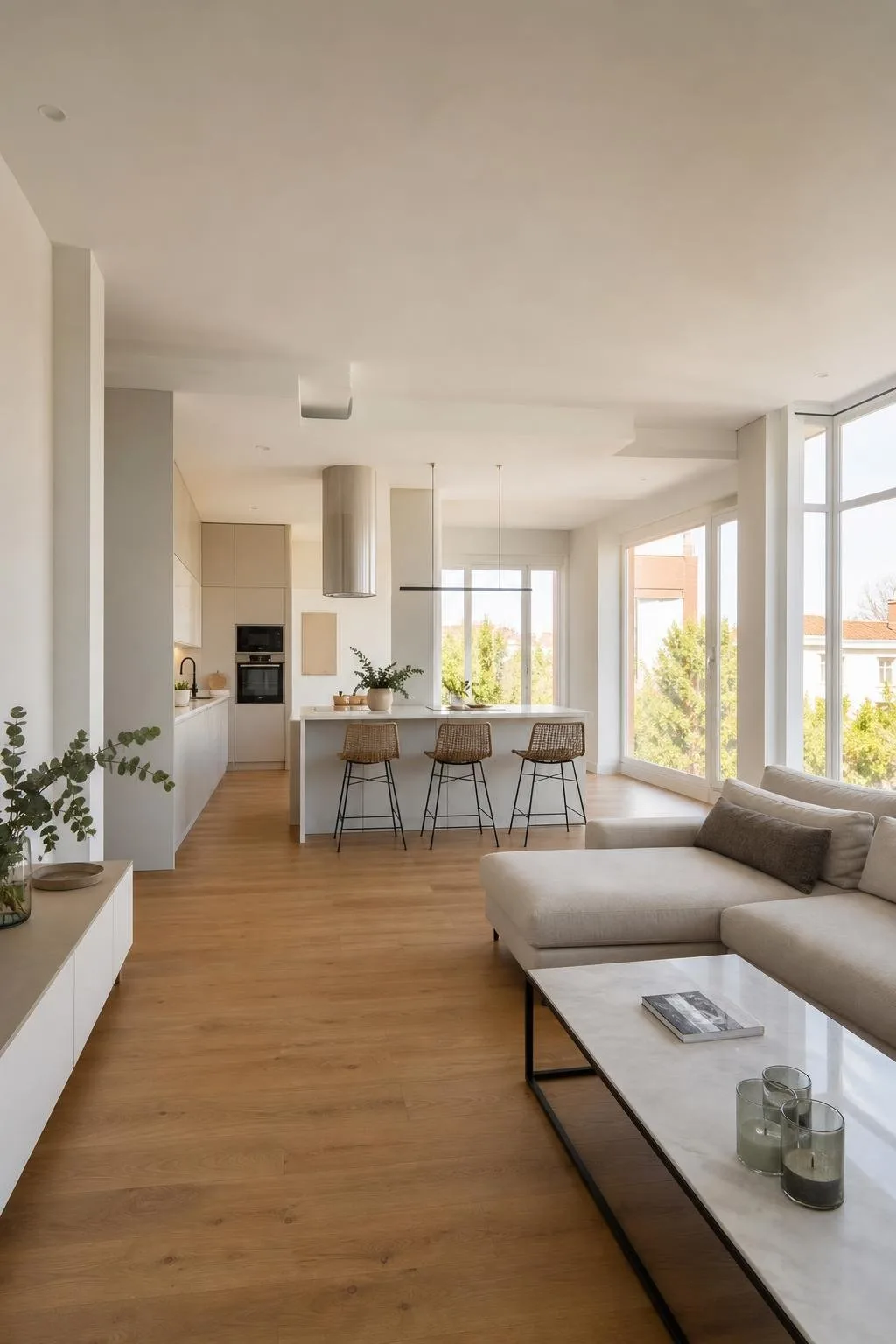 Vivienda reformada de planta abierta con salón y cocina y suelo de roble claro