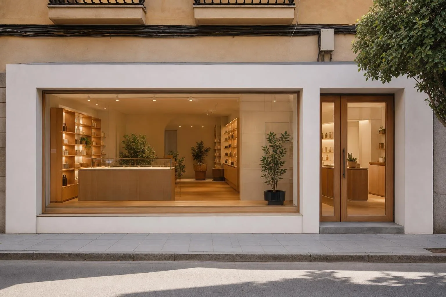 Fachada de local con gran escaparate y puerta de entrada nueva