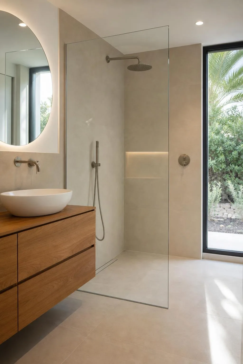 Baño reformado con ducha a ras de suelo, azulejo grande y mampara de vidrio