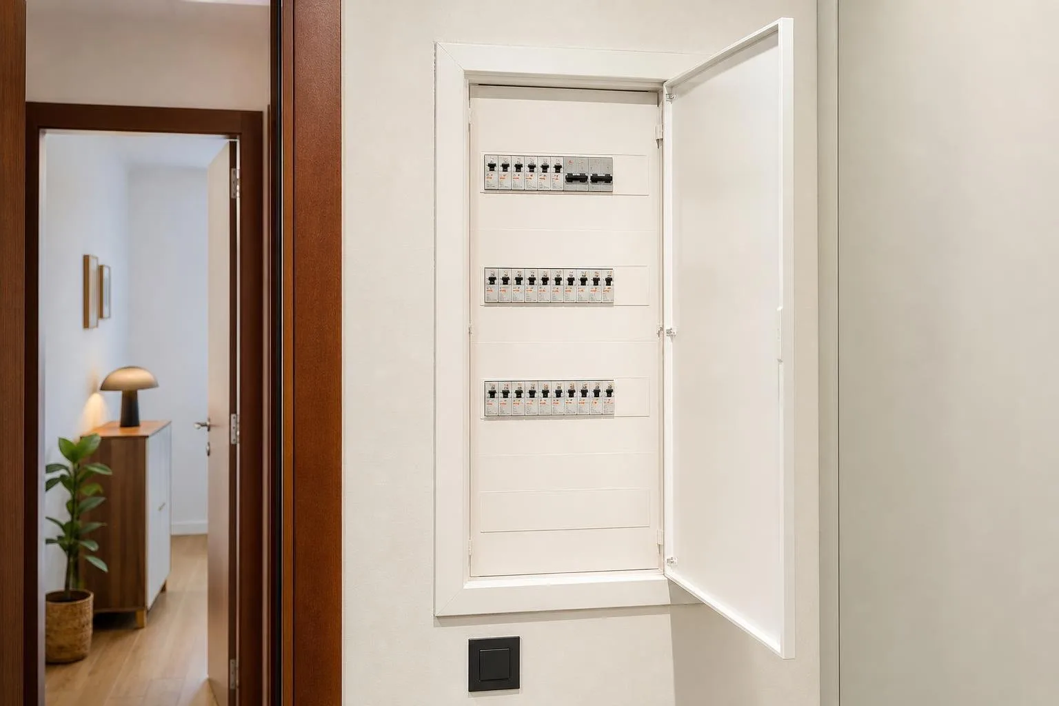 Cuadro eléctrico nuevo y ordenado en el recibidor de una vivienda reformada