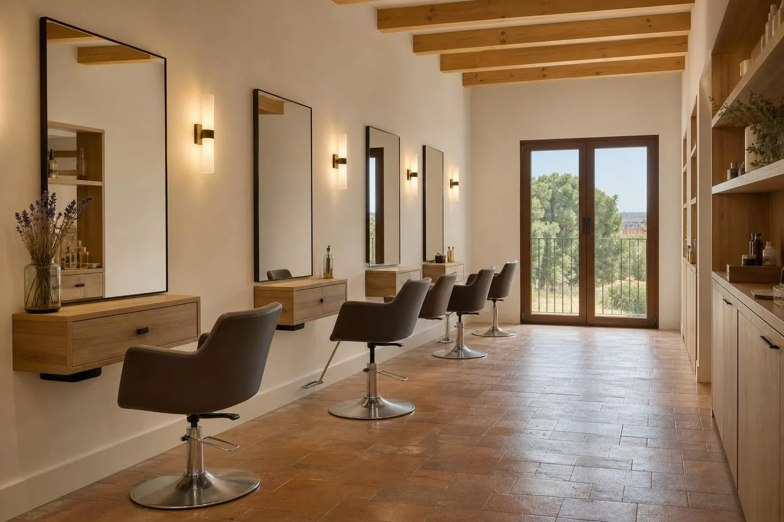 Peluquería reformada con espejos, iluminación de pared y acabados de madera