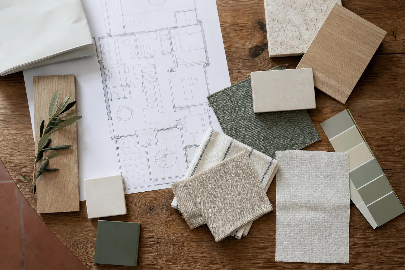 Muestras de materiales y plano sobre una mesa de proyecto de interiorismo