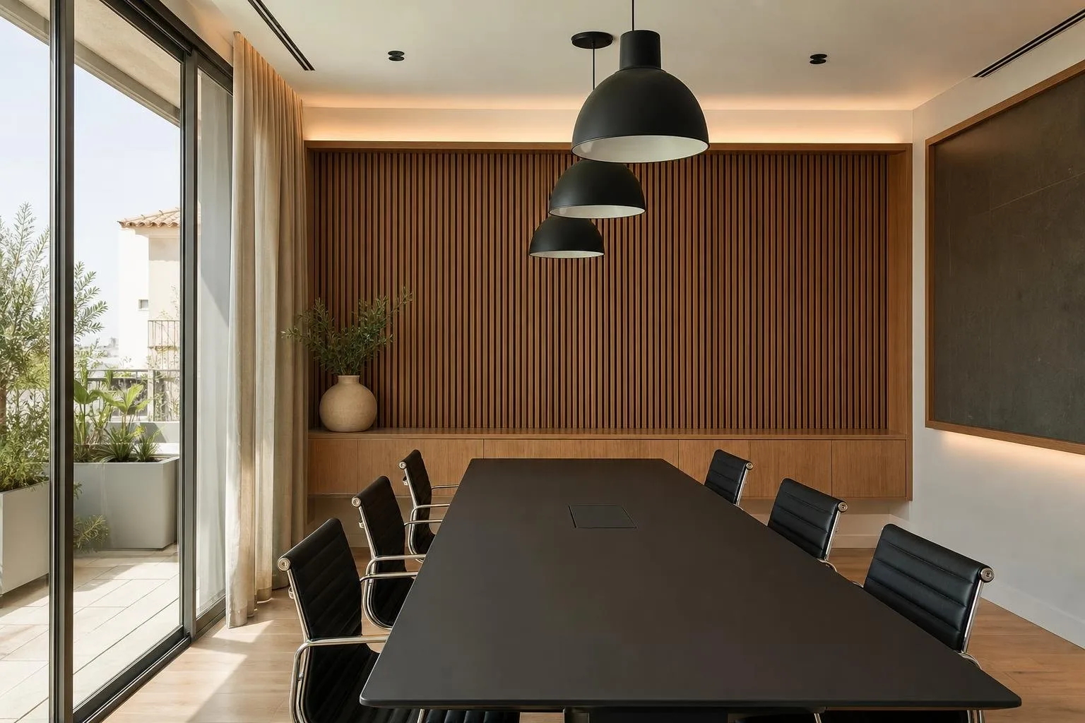 Sala de reuniones con mesa larga y paneles acústicos de madera