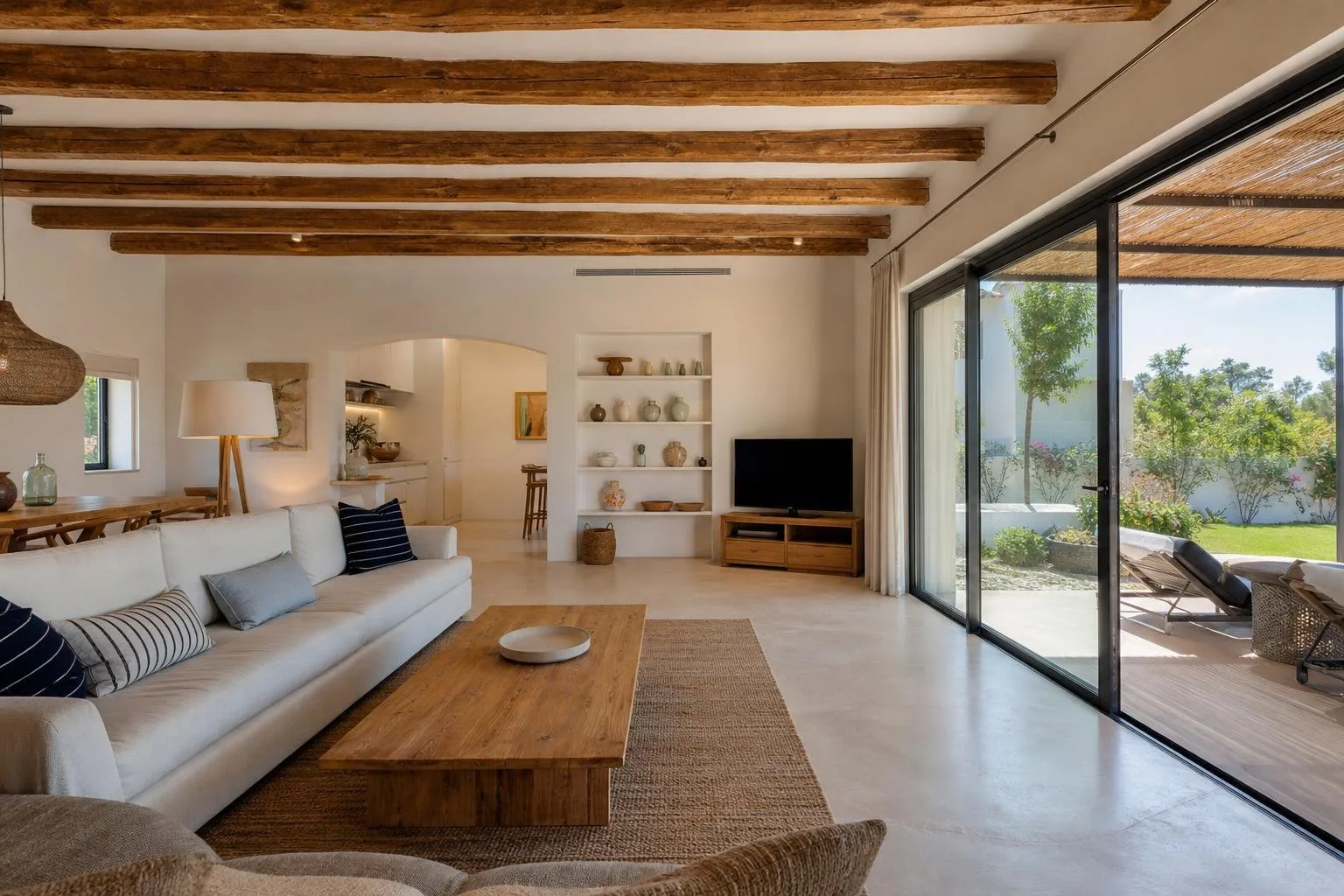 Salón reformado con vigas de madera vistas y puertas correderas al jardín