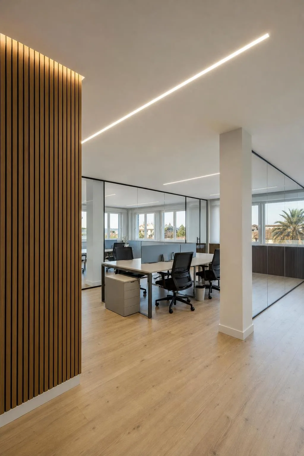 Oficina reformada con mesas, mamparas de vidrio e iluminación LED lineal
