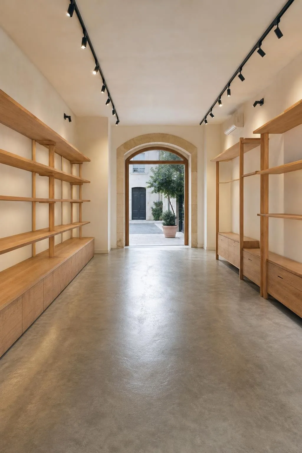 Interior de tienda recién reformada con suelo de microcemento y estanterías de madera